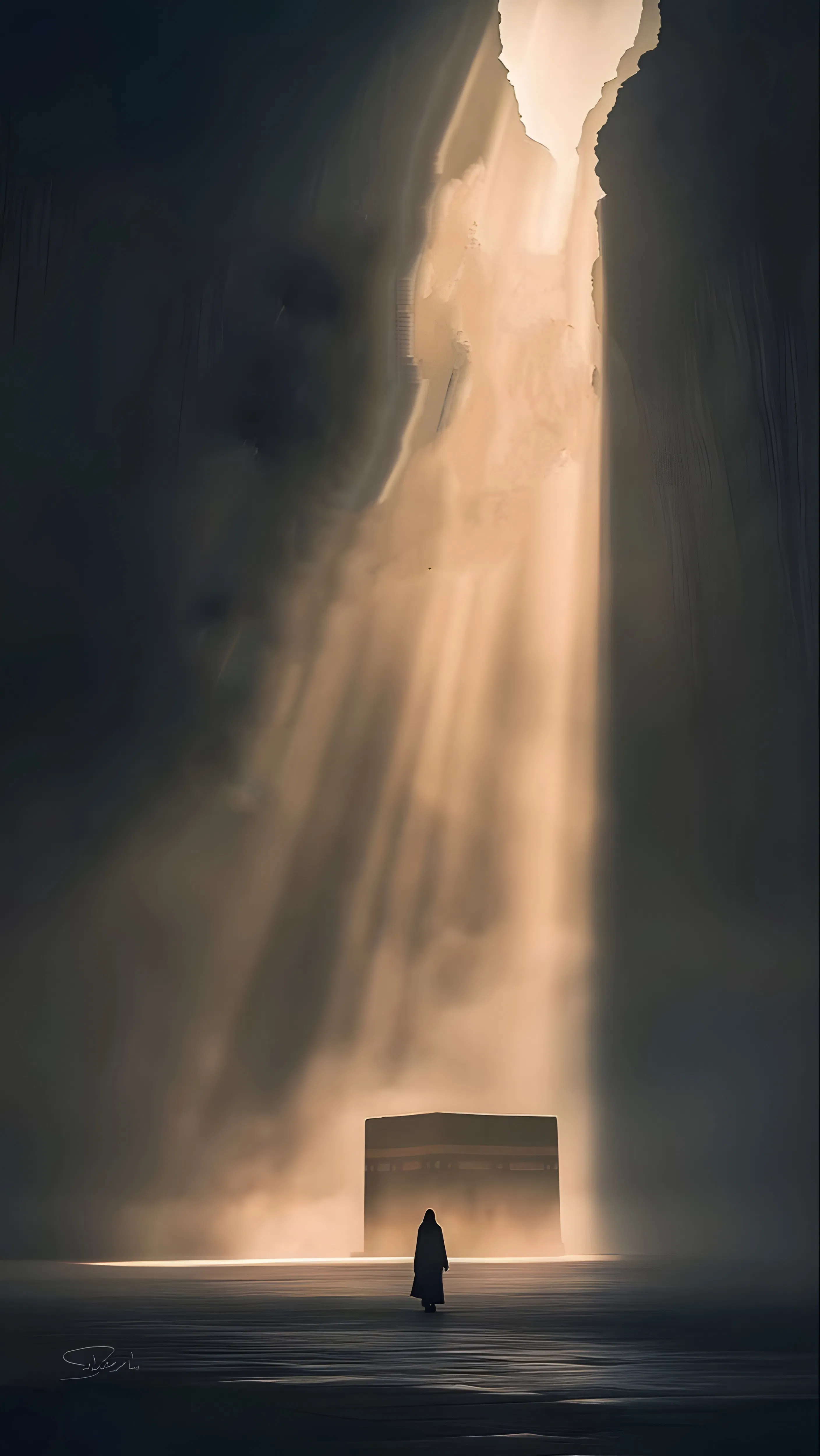 A Lone Pilgrim Approaches the Kaaba Under a Dramatic Beam of Light