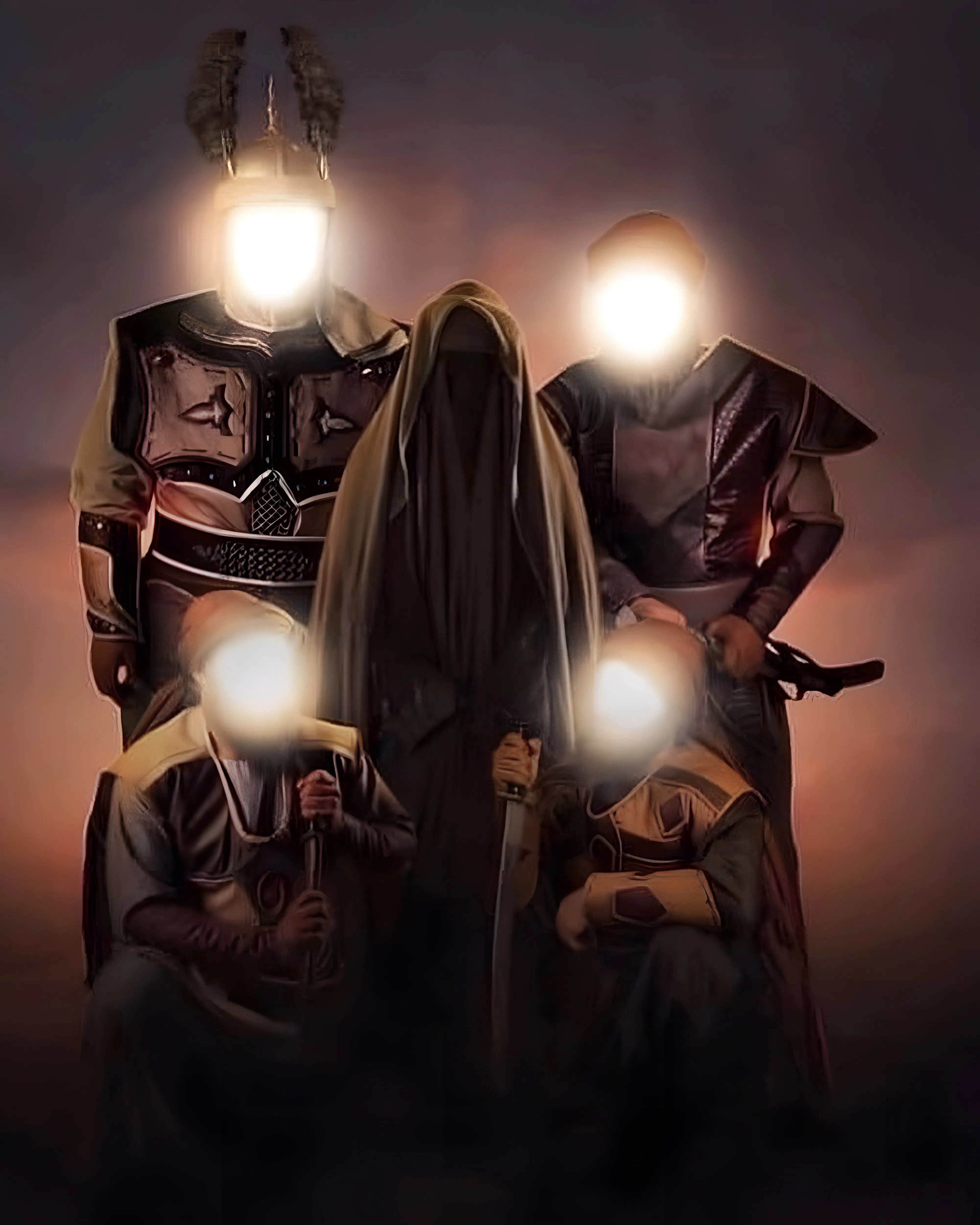 Ahlul Bayt Inspired Luminous Figures in Armor With Sword