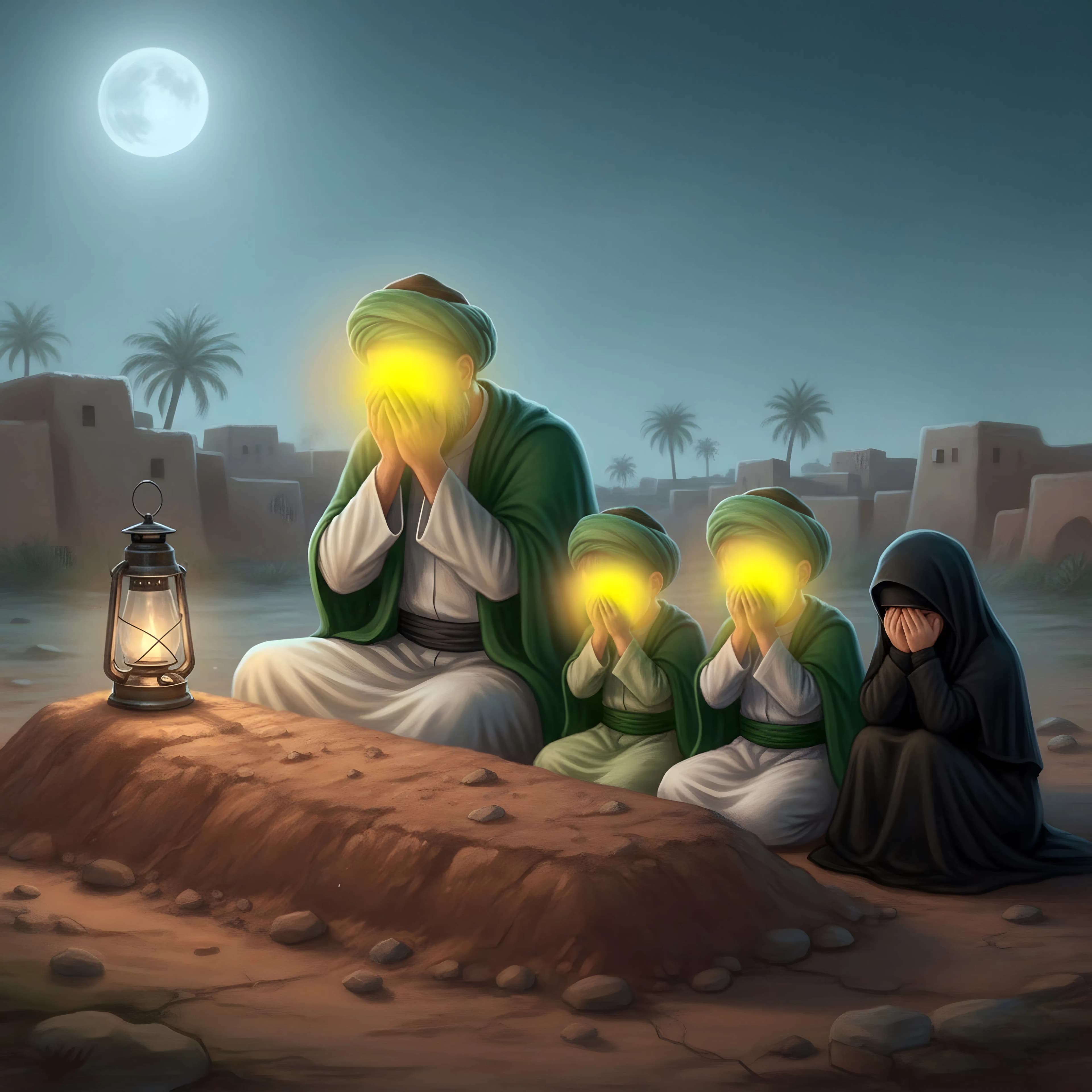Ahlul Bayt Mourning at a Grave Under the Full Moon