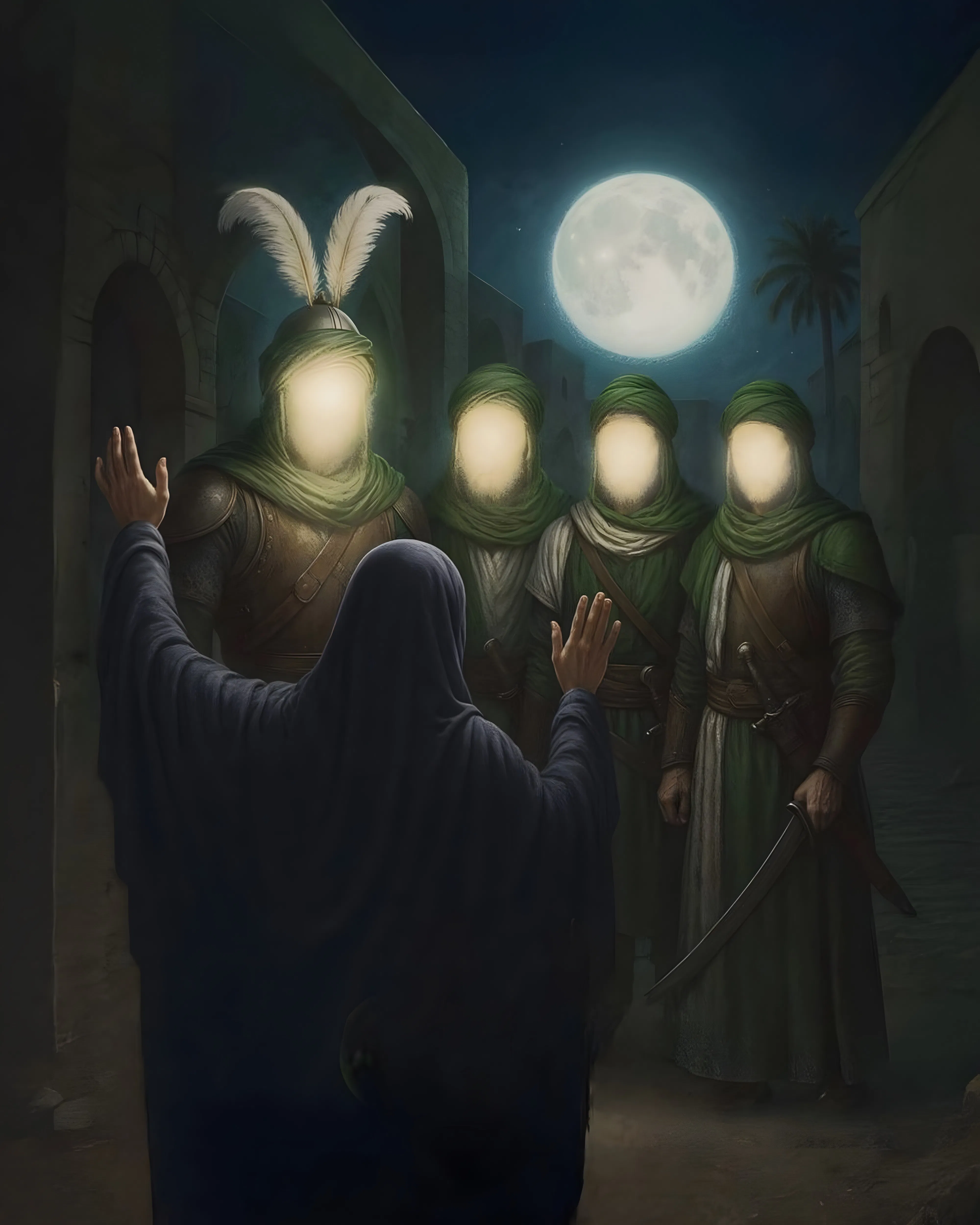 Ahlul Bayt Depicted as Luminous Figures Under a Full Moon